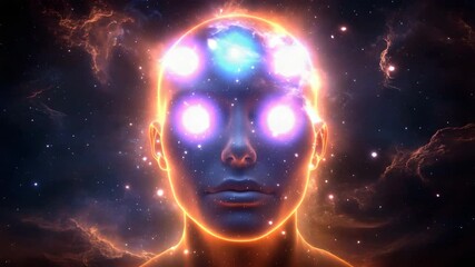 Poster - Ethereal woman with glowing eyes surrounded by a cosmic nebula in a dreamlike celestial scene