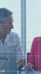 Poster - Animation of statistical data processing over diverse businessman and businesswoman discussing