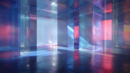 Poster - Smooth metallic room with transparent walls illuminated by vibrant AI data patterns and light beams