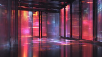 Poster - Smooth metallic room with transparent walls illuminated by vibrant AI data patterns and light beams