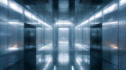 Poster - Smooth metallic room with transparent walls illuminated by vibrant AI data patterns and light beams