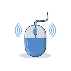Poster - Blue Computer Mouse with Cord and Wireless Signal - Isolated vector illustration for internet technology or desktop interface