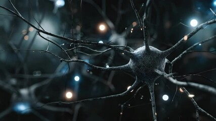 Poster - A neuron with branched dendrites and axons emitting glowing dots symbolizing brain activity or neural connections, against a dark background