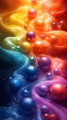 Fototapete - Soft stylized ribbon weaves through brilliant rainbow-colored spheres array