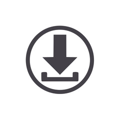 Poster - Universal download symbol. Grey arrow inside the circle points down into loading tray. Save icon.