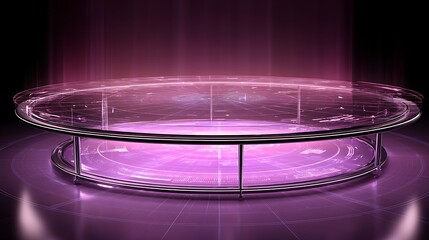 Poster - Translucent AI data streams hovering above a sleek circular research table under purple lighting 