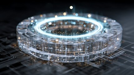 Poster - Transparent 3D hologram of a quantum computer with glowing circuits hovering in mid-air