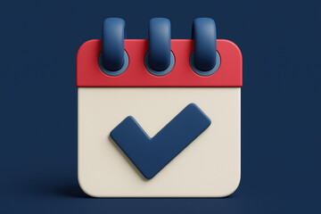 Poster - 3D Rendered Calendar Icon with Check Mark Symbolizing Task Completion and Schedule Management on a Dark Blue Background for Digital Planning