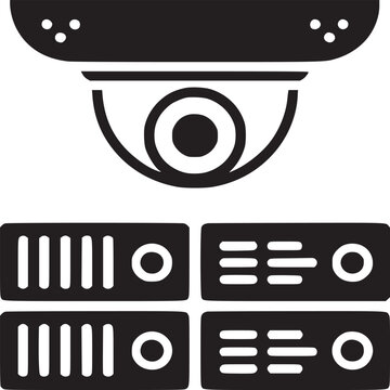 A black and white graphic of a security camera above four servers on a light gray background space for text