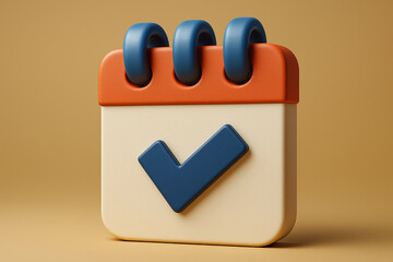 Poster - 3D Rendered Calendar Icon with Orange Top and Blue Rings on a Yellow Background for Organization and Planning in a Modern Style Illustration
