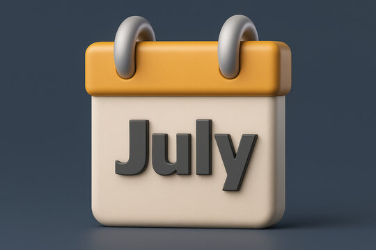 3D Render of a July Calendar with Yellow Header and Silver Rings, Perfect for Scheduling, Reminders, and Digital Planning in a Modern Style