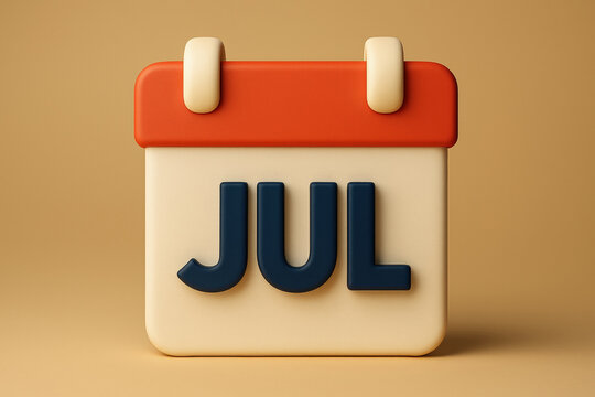 3D Rendered July Calendar Icon with Orange and White Colors and Silver Rings on a Beige Background for Schedules, Reminders, and Planning