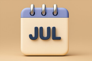 Poster - 3D Rendered July Calendar Icon with Soft Pastel Colors and Silver Rings on a Beige Background for Schedules, Reminders, and Planning