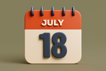 Poster - 3D Render of a Calendar Icon Displaying July 18th on a Green Background, Representing Specific Dates, Schedules, and Important Event Reminders