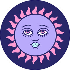 Wall Mural - iconic tattoo style image of a sun with face in bright neon color