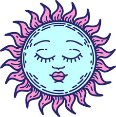 Wall Mural - tattoo in traditional style of a sun in bright neon color