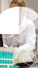 Poster - Animation of diagram and chemical formula over caucasian female scientist in lab