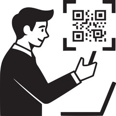 Wall Mural - Illustration of a man pointing at a qr code with a laptop in black and white simple vector art