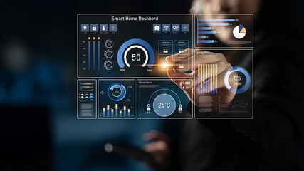 Poster - smart home dashboard manages iot system. smart home dashboard controls temperature, dashboard tracks