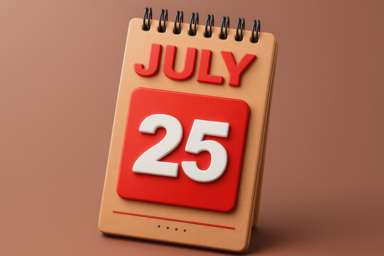 3D Rendered Calendar Displaying July 25th Date Reminder with Red and White Bold Numbers on a Tan Background for Schedules and Important Events