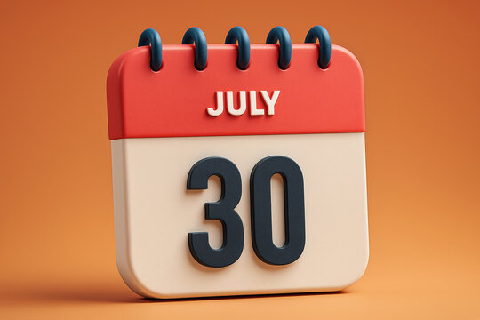 3D Rendered Calendar Displaying July 30th Date Reminder with Red and Beige Color Scheme on Orange Background for Planning and Scheduling