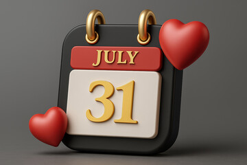 Poster - July 31st Calendar Page with Red Hearts on Gray Background Date Icon for Important Day or Special Occasion Reminder and Schedule Arrangement