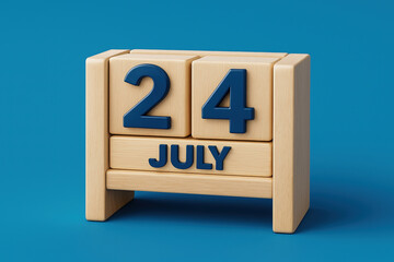 Fototapete - Wooden Block Calendar Displaying Twenty Fourth Day of July on Blue Backdrop for Schedules and Reminders in Business and Personal Life