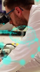 Poster - Animation of scientific data processing over male scientist using microscope