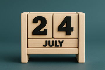 Fototapete - Wooden Block Calendar Displaying July 24th Date on a Teal Backdrop Representing Schedule, Appointment, Deadline, and Important Day Reminder
