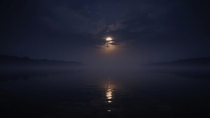 Wall Mural - The moon shines through clouds, reflecting on a calm, dark lake.