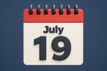 Fototapete - 3D Render of a July 19th Calendar Page with Red Top and Dark Gray Numbers on a Dark Blue Background for Schedules and Important Dates