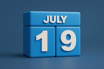 Fototapete - 3D Blue Block Calendar Showing July 19th on a Blue Background for Schedules, Reminders, and Important Dates in Business and Personal Planning
