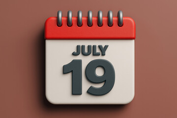 Fototapete - 3D Illustration of a July 19th Calendar Icon with Dark Gray Text on a Light Beige Page and Red Top Against a Brown Background for Dates