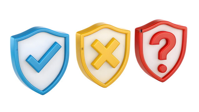 3D Security Symbols: Check Mark, Cross, and Question on Shields