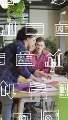 Poster - Animation of multiple icons moving over diverse coworkers sharing ideas in office