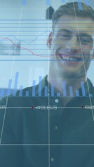 Poster - Animation of statistical data processing against portrait of caucasian man smiling at office