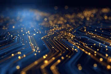 Poster - A detailed view of a circuit board illustrates intricate lines and glowing elements. The warm lights create a striking contrast against the dark background, highlighting technology's complexity.