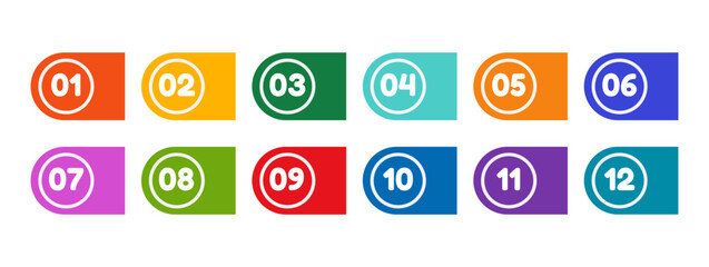 Fototapete - Icon template multicolored bullet point markers with numbers from one to twelve. Brightly colored flag markers.Vector flat illustration , isolated on white background