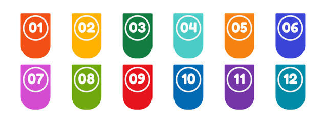 Fototapete - Numbered Bullet Point Markers Set – colorful bright Vector Infographic Elements 1–12 for Lists, Data Presentation, UI Design, and Modern Templates. Isolated on White Background