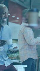 Poster - Animation of financial data processing over diverse colleagues discussing work in office