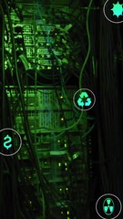 Poster - Animation of eco icons and digital data processing over computer servers