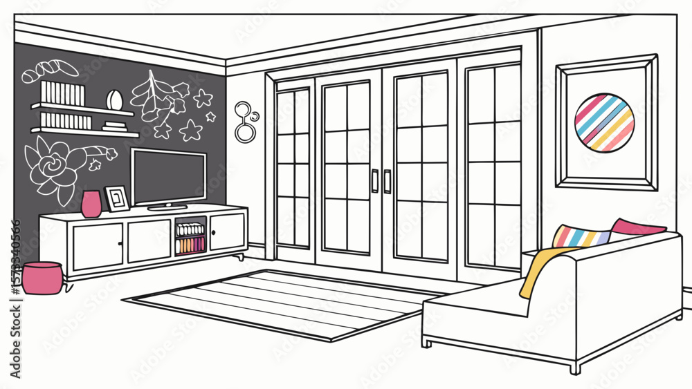 Living room interior design coloring page for kids and adults printable ...