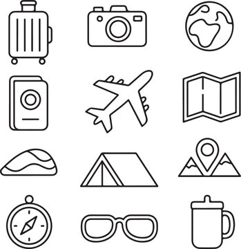 Web design vector icon set collection with travel, business, and computer symbols