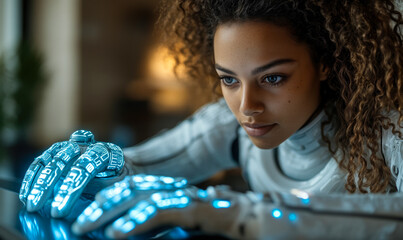 Aufkleber - Closeup of focused woman with curly hair wearing futuristic glowing robotic gloves working on technology project in dark room with blurred background