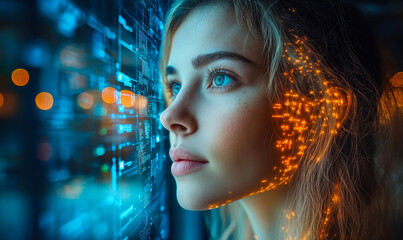 Poster - Close up of thoughtful woman with digital data projection on face looking at futuristic illuminated computer interface in dark room, artificial intelligence concept