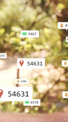 Poster - Holding smartphone, person with location and notification icons animation over nature background