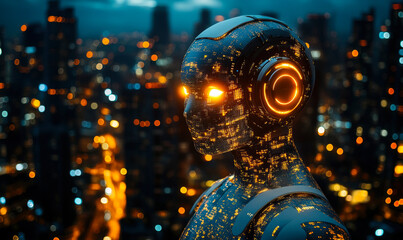 Poster - Futuristic humanoid robot with glowing orange eyes and circuitry pattern overlooking blurred cityscape at night artificial intelligence concept