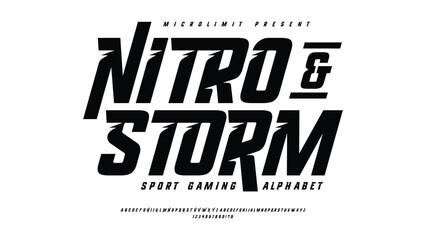 Poster - Nitro and Storm: a slanted modern sport typeface with strong motion and urban style. Includes full A–Z alphabet and numbers. Ideal for e-sports branding, race designs, and team apparel.