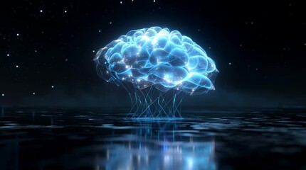 Poster - Glowing Digital Brain Floating in Futuristic Sci-Fi Space