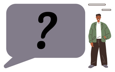 Poster - Man in a green jacket and dark pants beside a large speech bubble containing a question mark. Ideal for communication, inquiry, problem-solving, dialogue, curiosity, self-reflection, and education